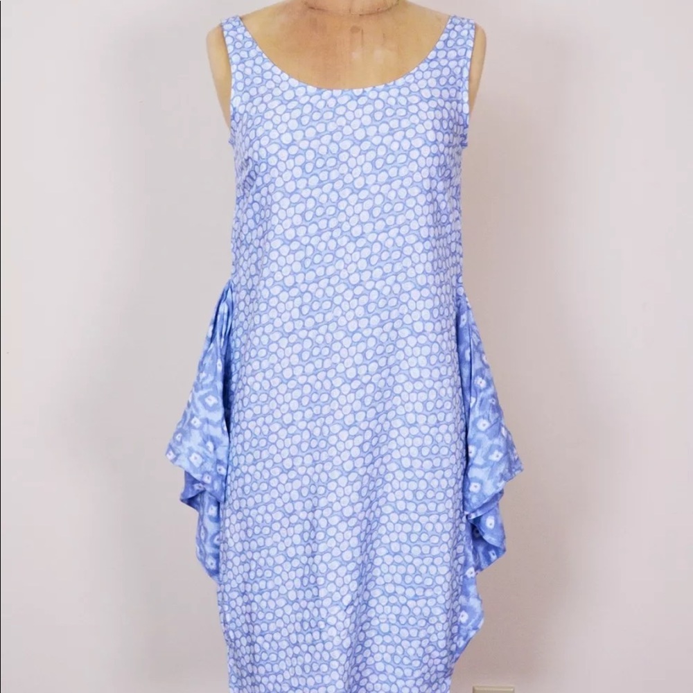 Vtg 80s 90s Abstract Batik Print Avant Garde Flap Peplum Skirt Midi Sun Dress XS - Picture 2 of 5